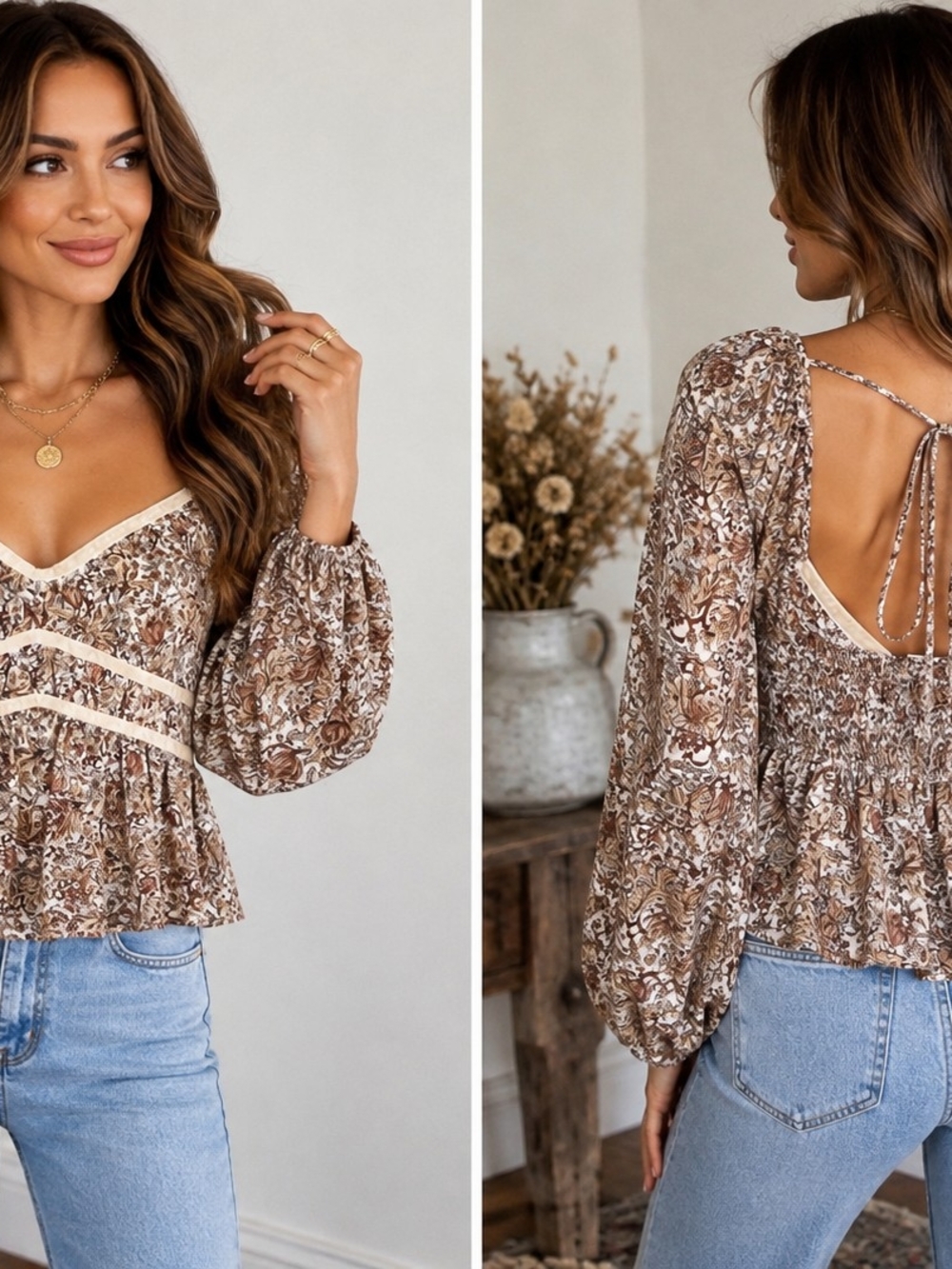 Promesa Floral Peplum Babydoll Top Size M Cream Brown Long Sleeve Tie Back